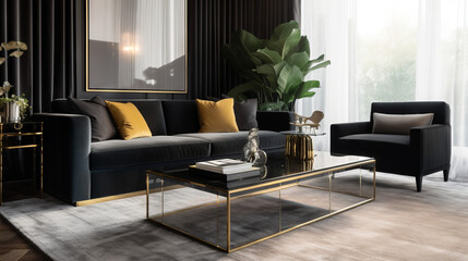 A sleek living room featuring a black leather sofa with white cushions, a glass coffee table, 