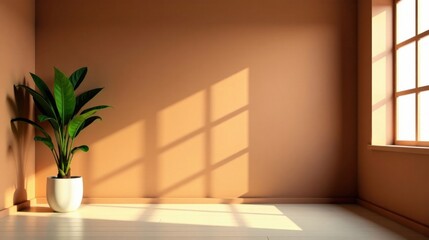 Serene Corner Room with Warm Sunlight and Lush Potted Plant