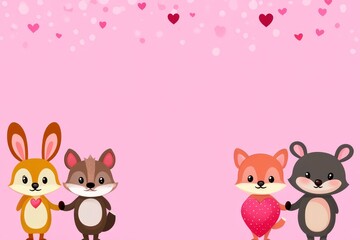 Naklejka premium Valentines Day Backdrop Cartoon Animals Holding Hearts - A charming illustration featuring cute cartoon animals holding hearts, symbolizing love, friendship, affection, togetherness, and happiness.