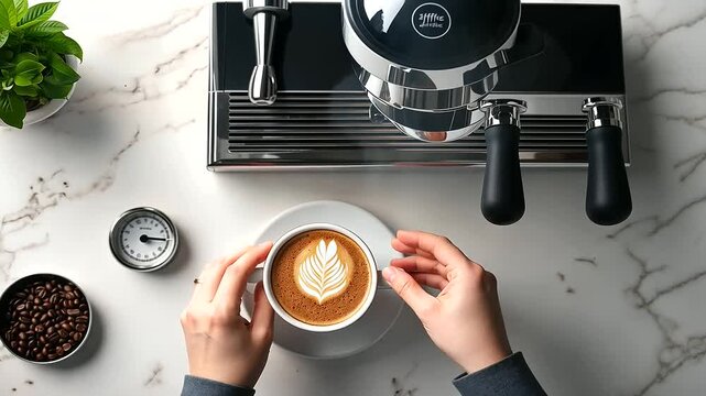 A top-down look at a minimalist coffee bar featuring a modern espresso machine, a digital scale, fresh coffee grounds, and a perfectly poured cortado in a ceramic cup.
