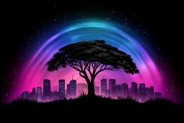 Silhouette of a tree against a colorful city skyline and cosmic background