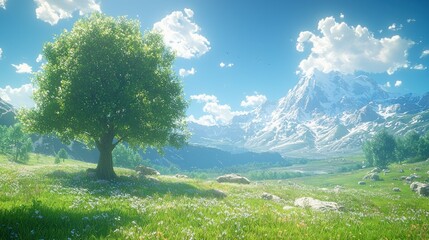 Sunny meadow, lone tree, alpine mountains, peaceful landscape
