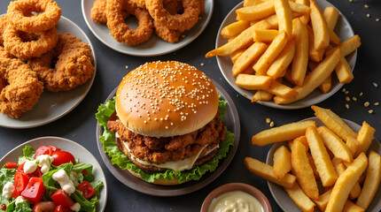 Indulge in a Delectable Gourmet Fast Food Feast Featuring Crispy Chicken Sandwiches, Savory Onion Rings, and Flavorful Fried Nuggets
