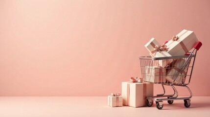 A shopping cart overflowing with elegantly wrapped presents, showcasing the joy of gifting and the excitement of online shopping for special occasions