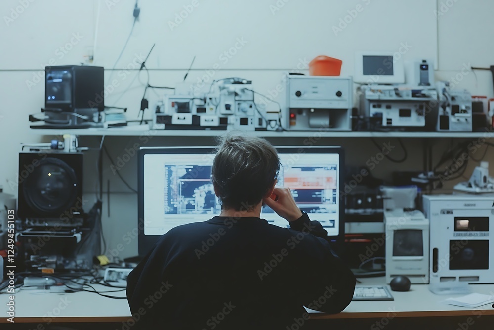 Wall mural focused developer in a tech lab