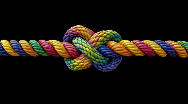A colorful rope with two knots at the ends, symbolizing strength and unity, on a black background.