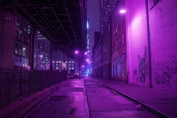 A Nighttime Portrait of Streets Bathed in Violet Light .