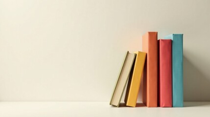 Fototapeta premium A collection of colorful books leaning against a neutral background, showcasing a vibrant and organized reading space