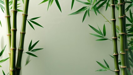 Minimalist Bamboo Stalks and Leaves Framed on Solid Background for Text or Design