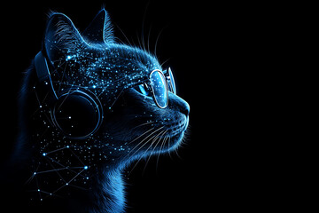An abstract digital background featuring a cat in headphones and glasses, highlighted by futuristic connecting data points in blue and black colors