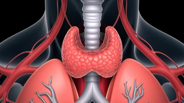 Thyroid Gland Medical Animation. 4K, 3D, Neck Anatomy with Cervical Spine and Thyroid Gland. Sore Throat, Enlarged Goiter. Close Up 