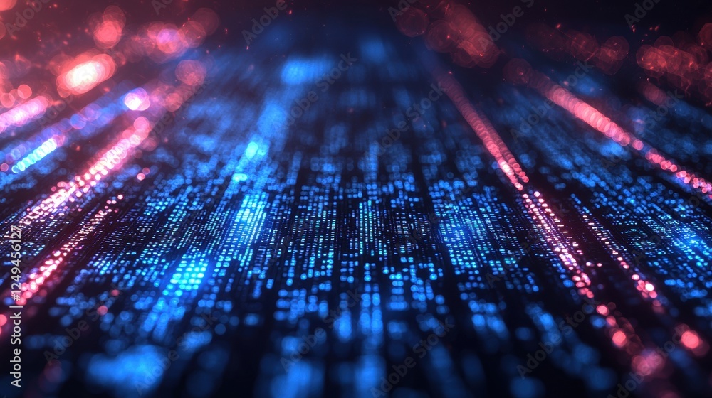 Aufkleber an abstract digital background featuring vibrant blue and red lights on a flowing surface, resemblin