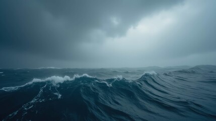 Dark and Stormy Ocean Waves Under Cloudy Sky Atmosphere