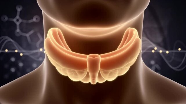Thyroid Gland Medical Animation. 4K, 3D, Neck Anatomy with Cervical Spine and Thyroid Gland. Sore Throat, Enlarged Goiter. Close Up 