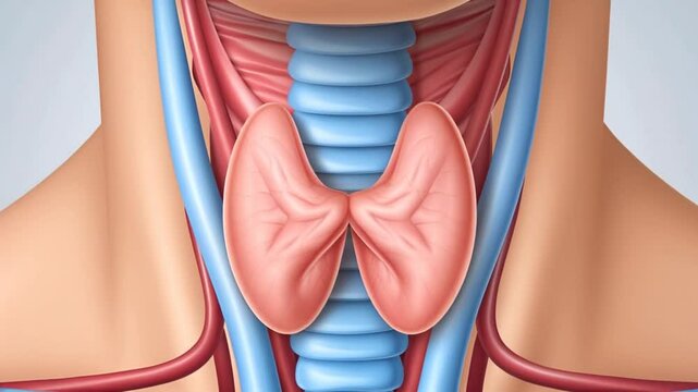 Thyroid Gland Medical Animation. 4K, 3D, Neck Anatomy with Cervical Spine and Thyroid Gland. Sore Throat, Enlarged Goiter. Close Up 