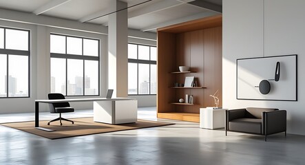 Fototapeta premium A clean, modern office space with a desk, chair, and two potted plants. The room is well-lit and has a minimalist design