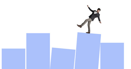 Stock market, danger or man on graph for balance, investment fluctuation or interest rate....