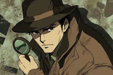 Animated detective investigates with a magnifying glass and trench coat
