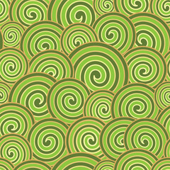 Vector seamless pattern with green and golden spirals. For textiles, wallpaper and packaging