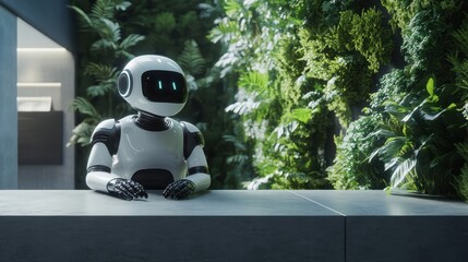 Humanoid robot receptionist is stationed behind a counter in a nature-inspired future office. The space features a striking green wall made of plants.