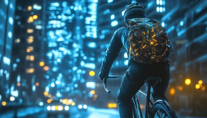 Person cycles through futuristic city wearing backpack at night