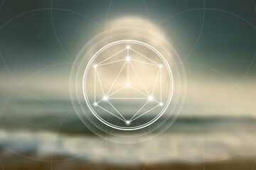 Sacred Geometry, Mystical Merkaba spiritual new age spiritual symbol with interlocking circles, triangles and glowing particles of blurry natural futuristic lunar landscape background, vector design