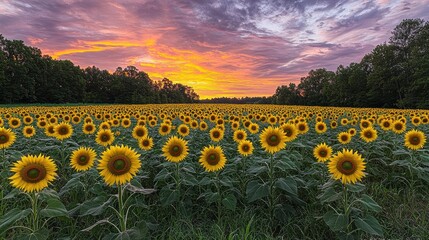 Obraz premium Sunrise over a sunflower field, vibrant colors, tranquil scene