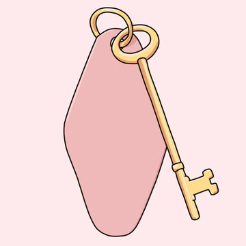 Vintage Metal Golden Key with Pink Retro Hotel Style Blank Keychain With Space for Text. New Home Real Estate Concept Homeownership