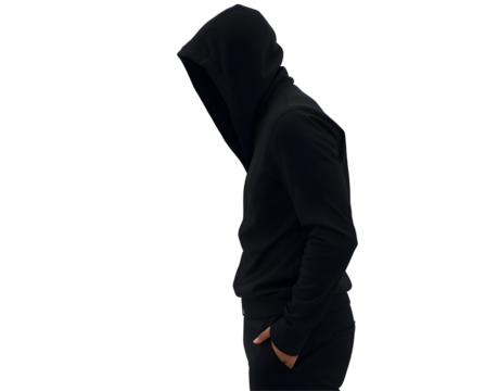 dark clothed hidden face person standing on transparent background 