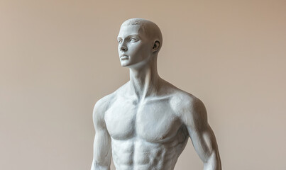 realistic male mannequin with muscular build stands against neutral background, symbolizing authenticity and strength
