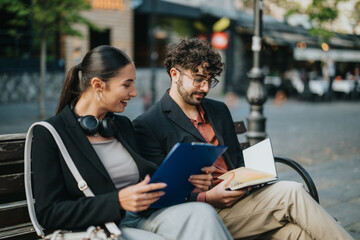 Two young business people engaging in a collaborative work session outdoors. They are seated on a bench in an urban area, discussing documents and ideas with genuine enthusiasm and teamwork.