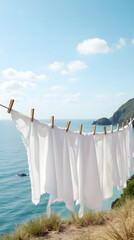 White linen fabrics flutter on a rope against a vibrant coastal landscape.