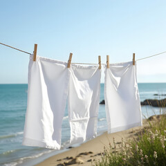 White linen fabrics flutter on a rope against a vibrant coastal landscape.