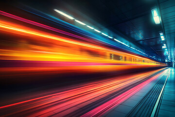 a train in motion, emphasizing the speed and dynamic energy of modern transportation. 