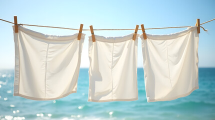 White linen fabrics flutter on a rope against a vibrant coastal landscape.