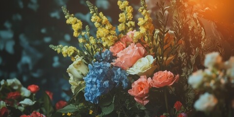 Vibrant floral arrangement botanical garden natural light close-up flower beauty