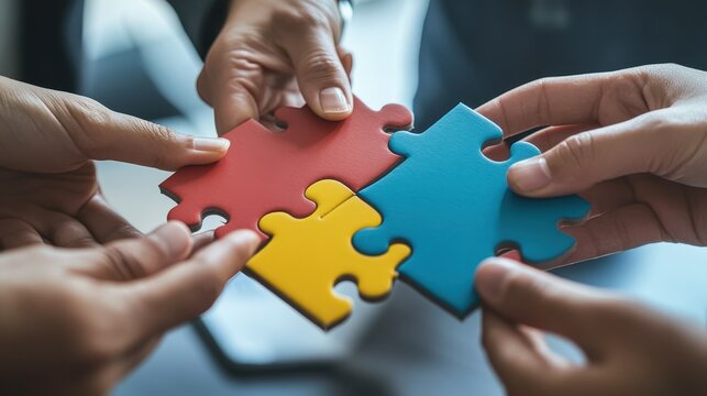 Hands joining colorful puzzle pieces together teamwork