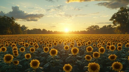 Obraz premium Sunset over sunflower field, golden hour, tranquil scene, perfect for social media