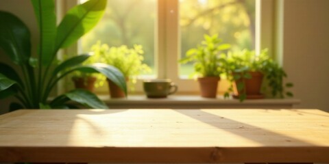 Fototapeta premium Sunlit Wooden Tabletop with Blurred Indoor Plants and Window View