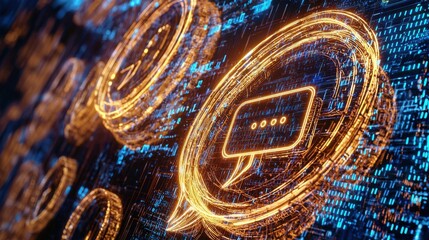 Futuristic digital interface showcases AI communication with glowing icons and binary elements