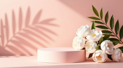 Pastel Pink Display Featuring Delicate White Blooms and Soft Sunlight Shadow