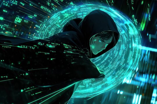 Cyberpunk figure in a hoodie amidst digital information