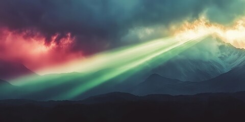 Dramatic light rays breaking through stormy clouds over majestic mountains nature landscape inspirational view