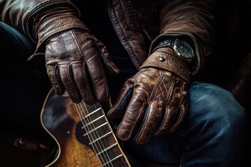 Brown leather gloved hands gripping an acoustic guitar neck