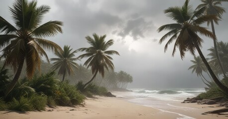 Fototapeta premium Palm trees being blown over by hurricane-force winds, hurricane force, palm trees blown over, falling palm tree