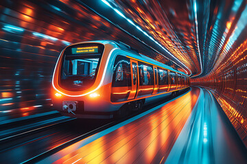 a train in motion, emphasizing the speed and dynamic energy of modern transportation. 