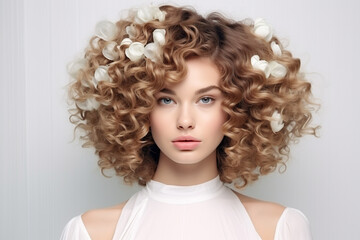 A Young Woman&rsquo;s Lush Hairstyle on White Background