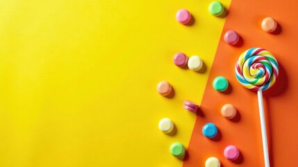 Obraz premium Vibrant swirl lollipop and assorted colorful candy on a split yellow and orange background, perfect for a cheerful and sweet treat themed design