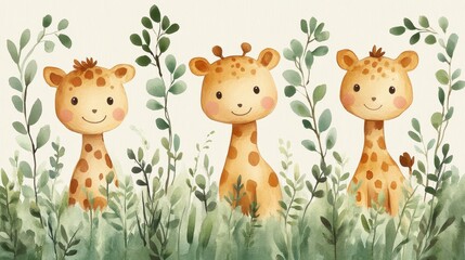Fototapeta premium Three cheerful giraffes among lush greenery in a playful illustration.