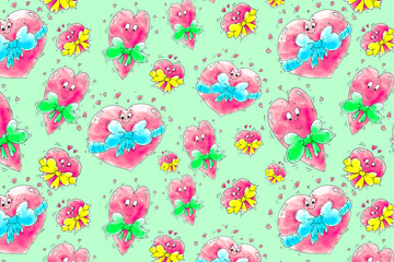 Hearts of various sizes arranged in a zigzag pattern add energy and dynamism to the design. This pattern is suitable for children's clothing and toys